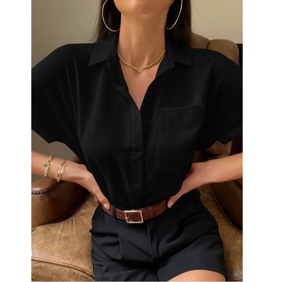 Black Casual Button Up / Down Shirt Collar, V-Neck Button Front Short Sleeve - Picture 5 of 13